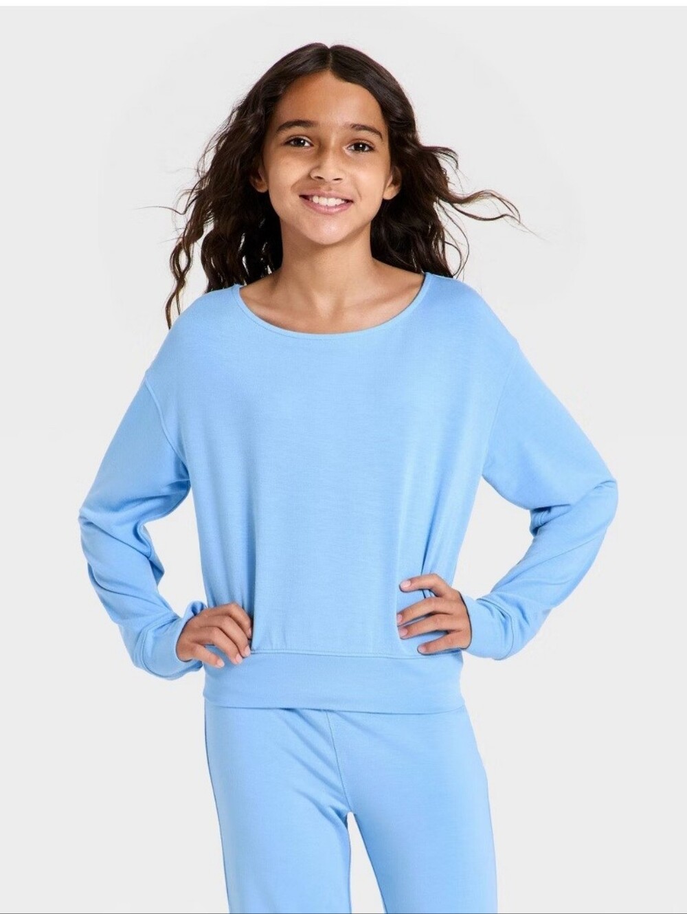 Girls' Modal French Terry Open Neck Pullover - All in Motion Blue L